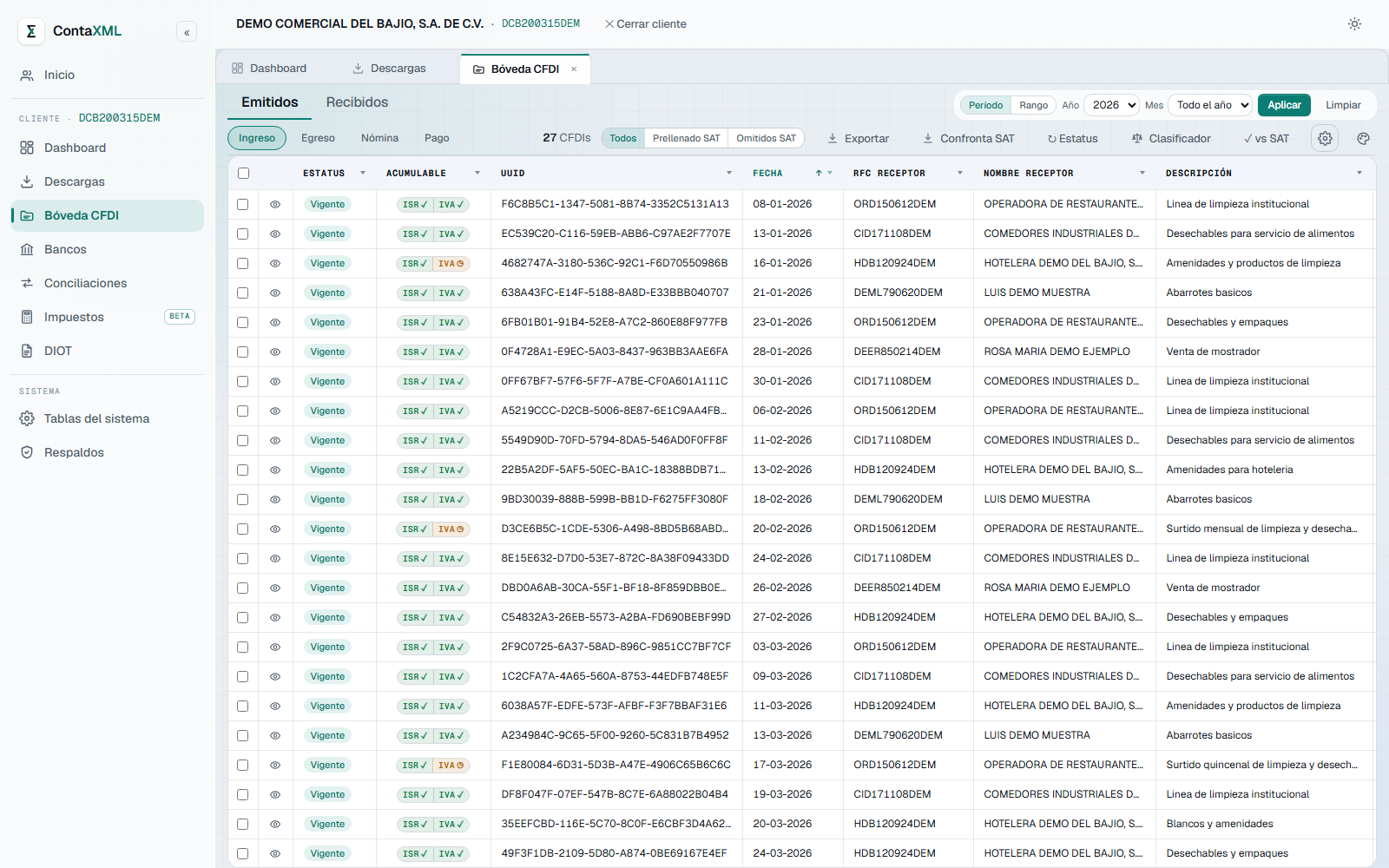 Bóveda de CFDI: tabla de comprobantes emitidos con su estatus, UUID, fecha, RFC y nombre del receptor, con filtros por periodo y por tipo.